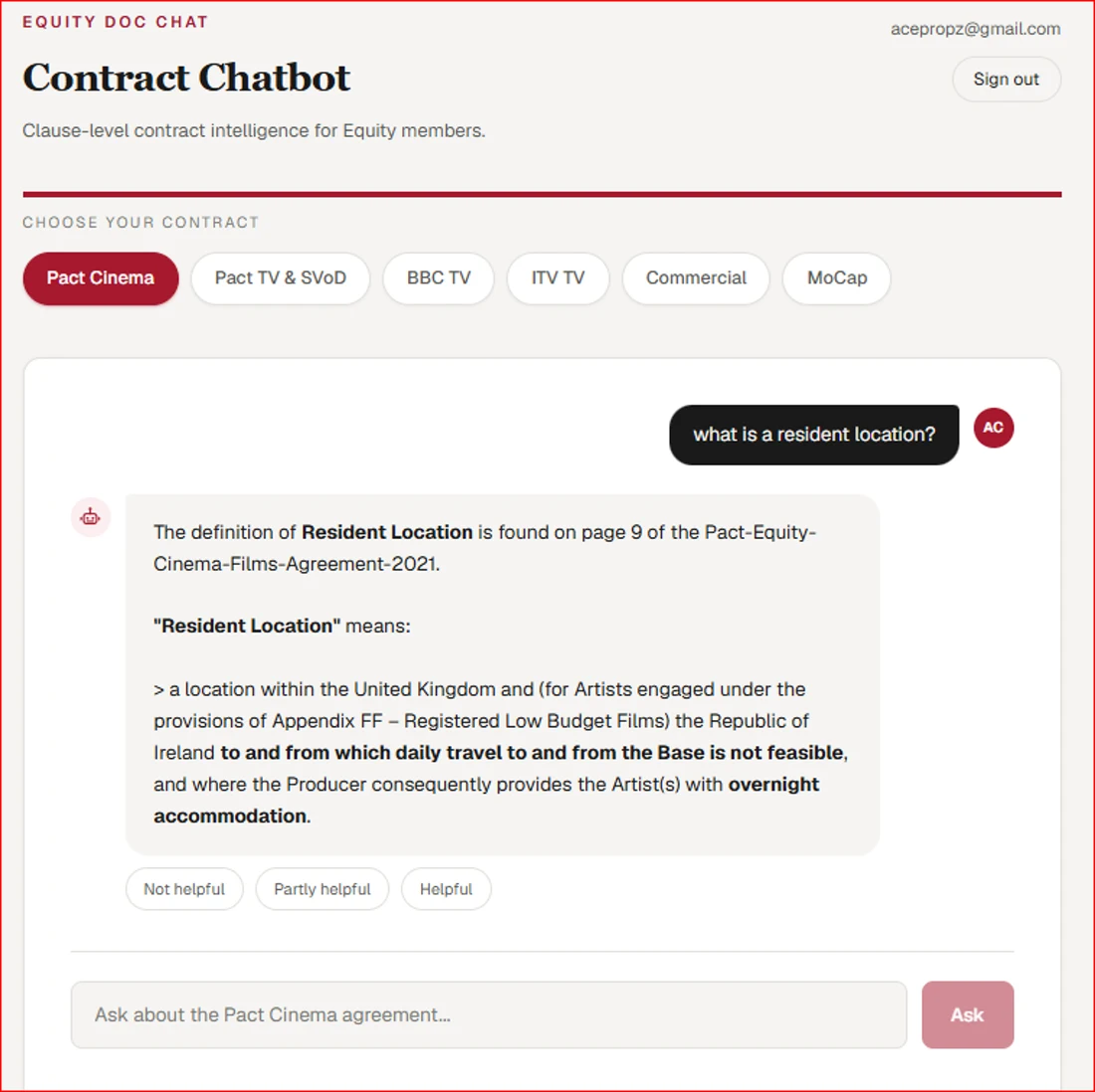 Contract Chatbot interface showing an Equity contract question and sourced answer